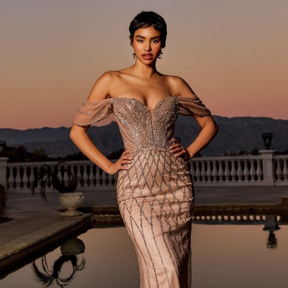 New Off Shoulder Sheath Sequins Embellished Prom Mermaid Tulle Dress CDCC477